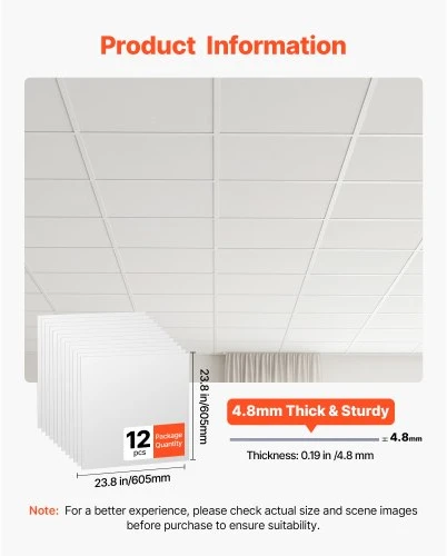 VEVOR Pakabinamų lubų plokštės BS-2424, 605 x 605 mm, baltos, PVC, 12 vnt.