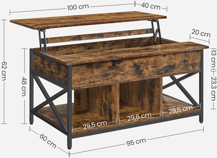 Songmics Pakeliamas kavos staliukas, 60 x 100 x 48–62 cm, medžio drožlių plokštė ir plienas, rudas-juodas