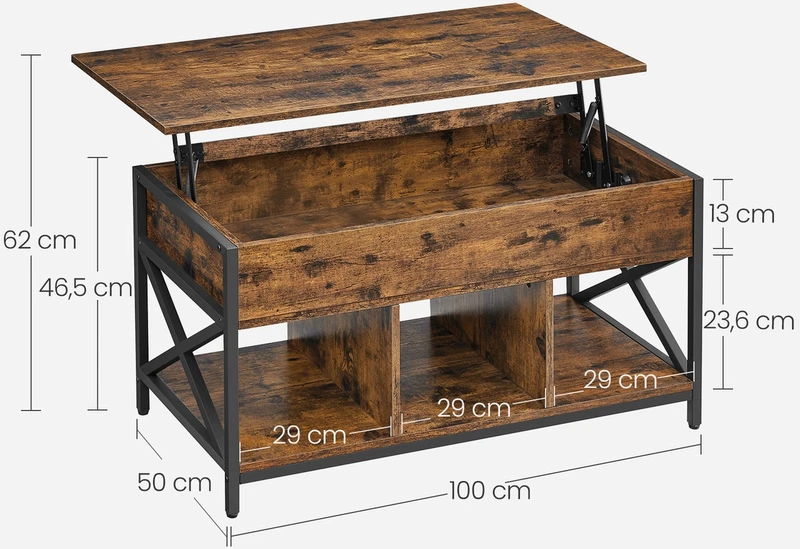 Koduva Pakeliamas kavos staliukas su atviromis lentynomis, 50 x 100 x 46,5-62 cm, rudas-juodas