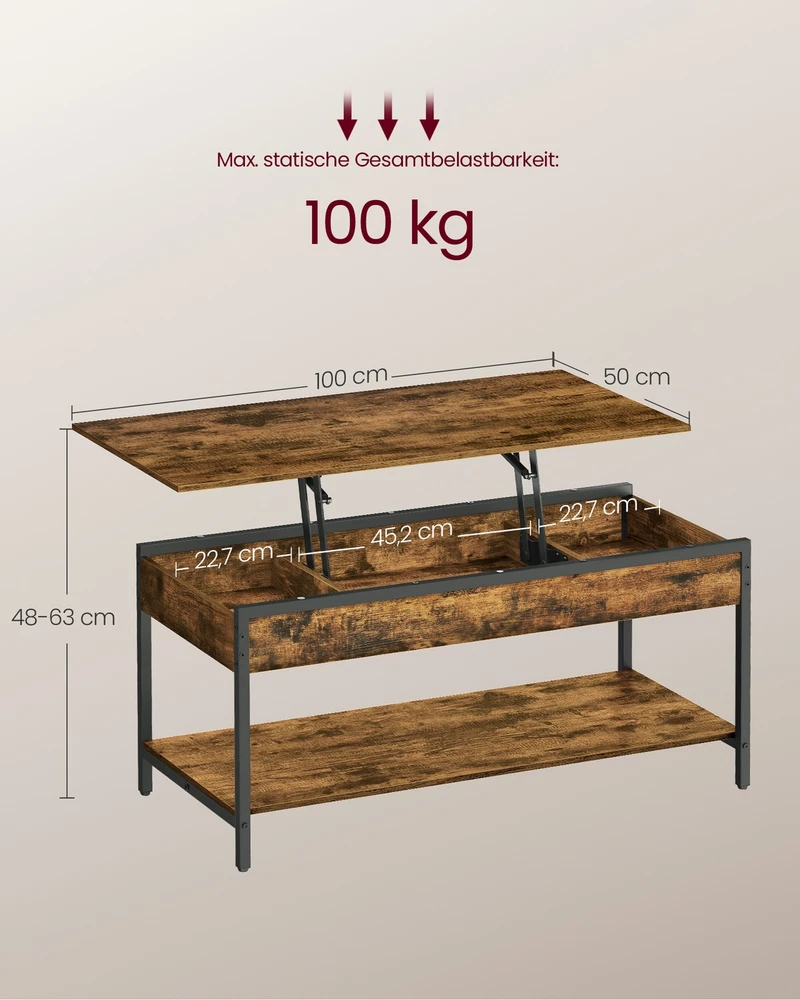 Koduva Pakeliamas kavos staliukas su lentyna, 50 x 100 cm, medžio drožlių plokštė ir plienas, rudas-juodas