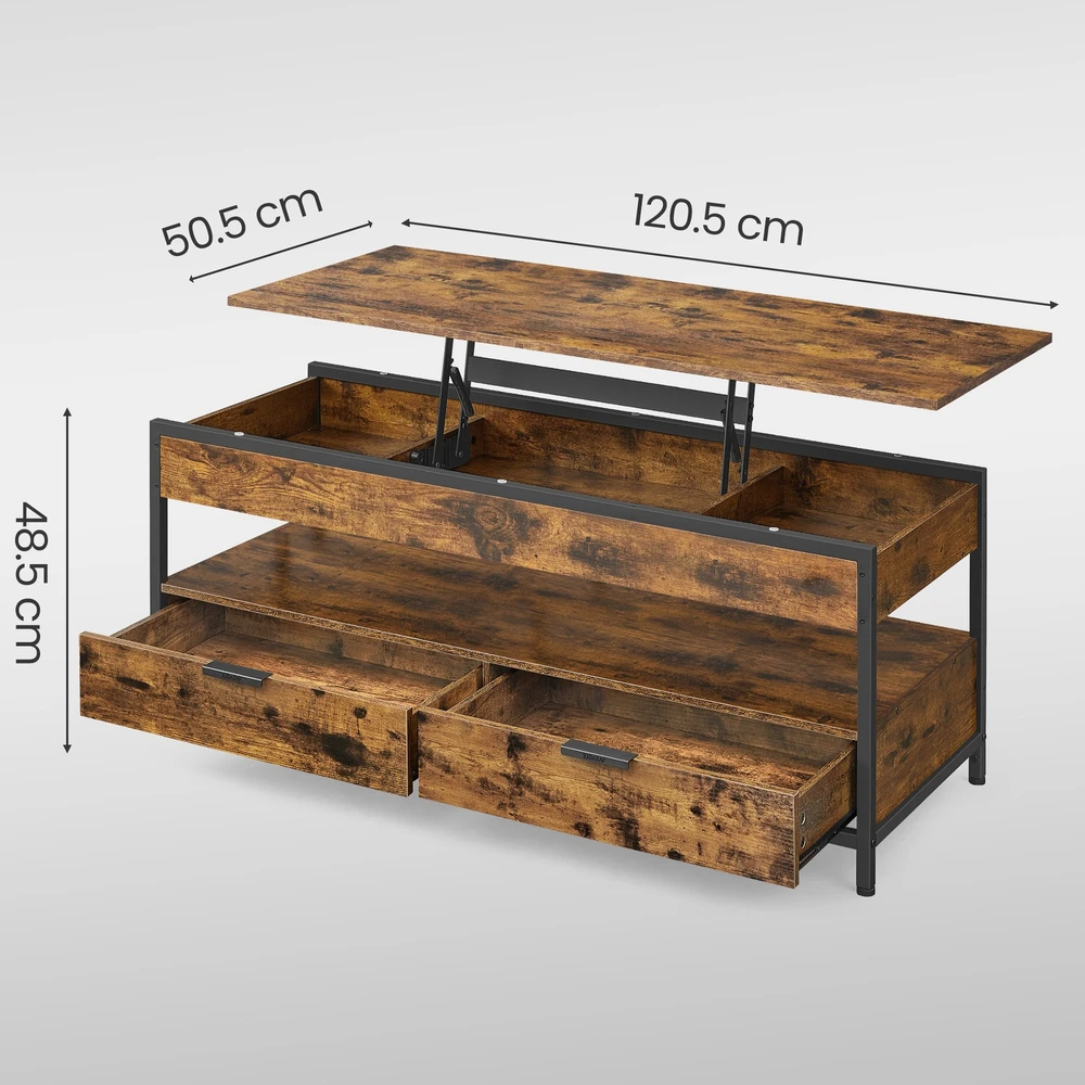 Songmics Pakeliamas kavos staliukas svetainei su stalčiais ir atvira lentyna, 50,5 x 120,5 cm, rudas-juodas
