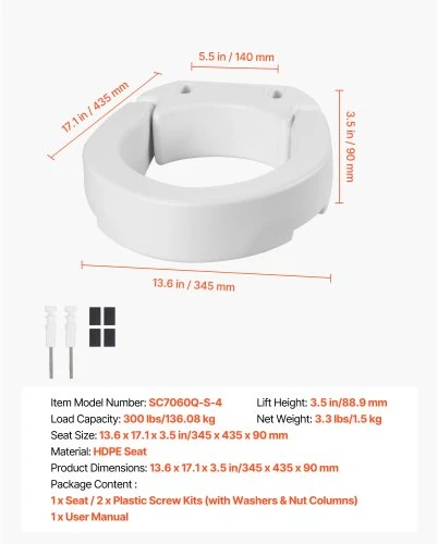 VEVOR Pakeltas tualeto sėdynės paaukštinimas, HDPE, 35 x 44 x 9 cm, 136,1kg