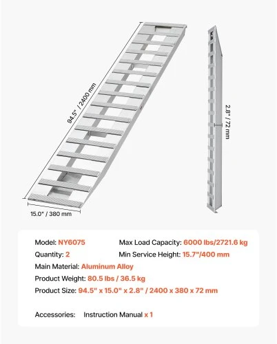 VEVOR Pakrovimo rampos, 2 vnt., aliuminio lydinys, 240 x 38 cm, iki 2721,6kg