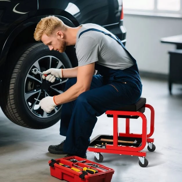 Promotion Pamuštas Mechaniko Kėdė su Stalčiumi ir Ratukais Juoda