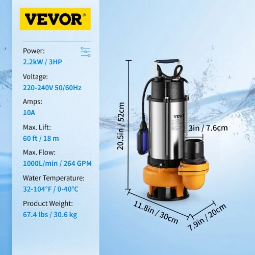 VEVOR Panardinamasis nešvaraus vandens siurblys, 2200 W, 60000 l/h, 8 m laidas, nerūdijantis plienas