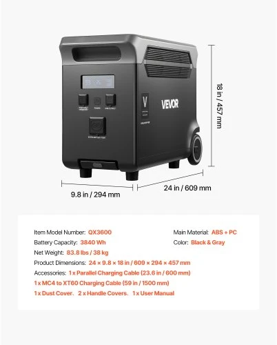 VEVOR Papildoma baterija nešiojamai elektros stočiai QX3600, 3840 Wh, juoda / pilka, 61 x 29 x 46 cm