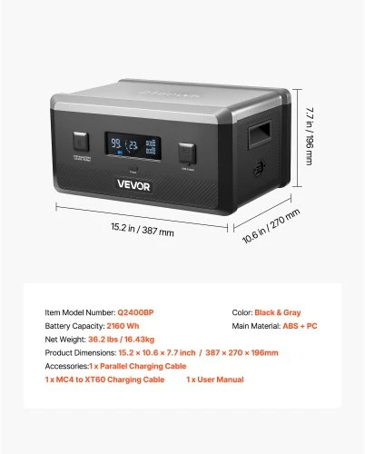 VEVOR Papildoma baterija nešiojamai maitinimo stočiai Q2400BP, 2160 Wh, juoda/pilka, 39 x 27 x 20 cm