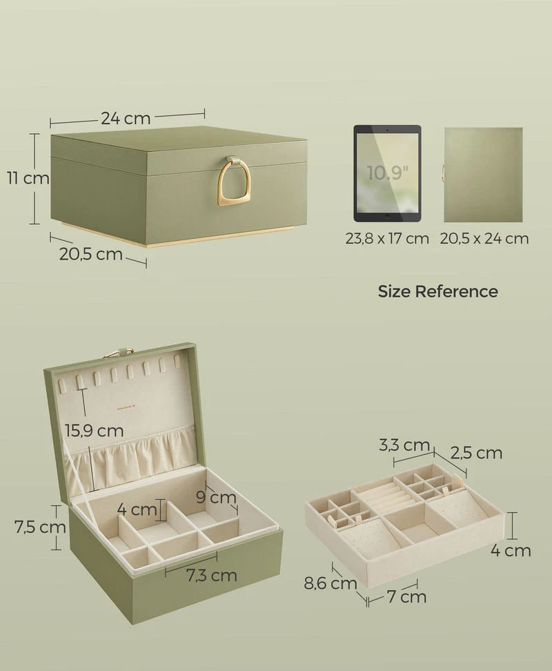 Songmics Papuošalų dėžutė su 2 aukštais ir rankena, 20,5 x 24 x 11 cm, laurų žalia