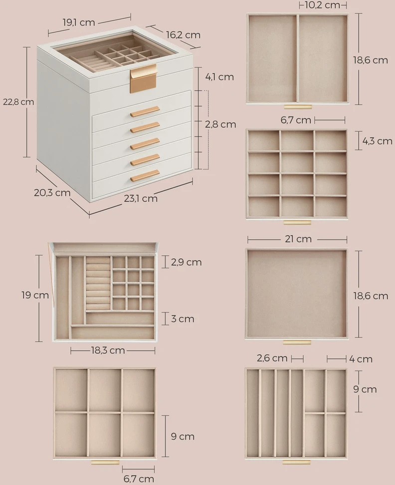 Koduva Papuošalų dėžutė su stikliniu dangčiu, 6 lygių, 20,3 x 23,1 x 22,8 cm, balta