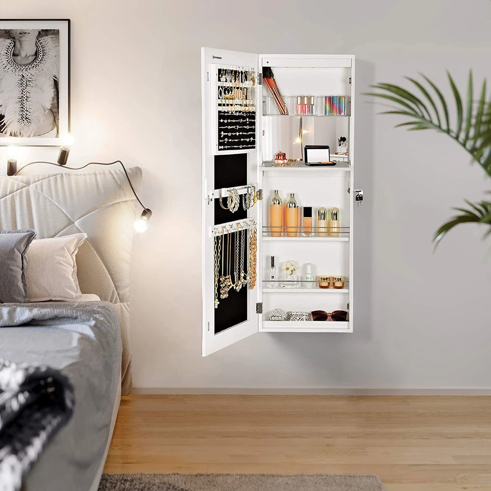 Koduva Papuošalų spintelė su berėmėmis veidrodžio durimis, balta, MDF, 37 x 110 x 9,5 cm