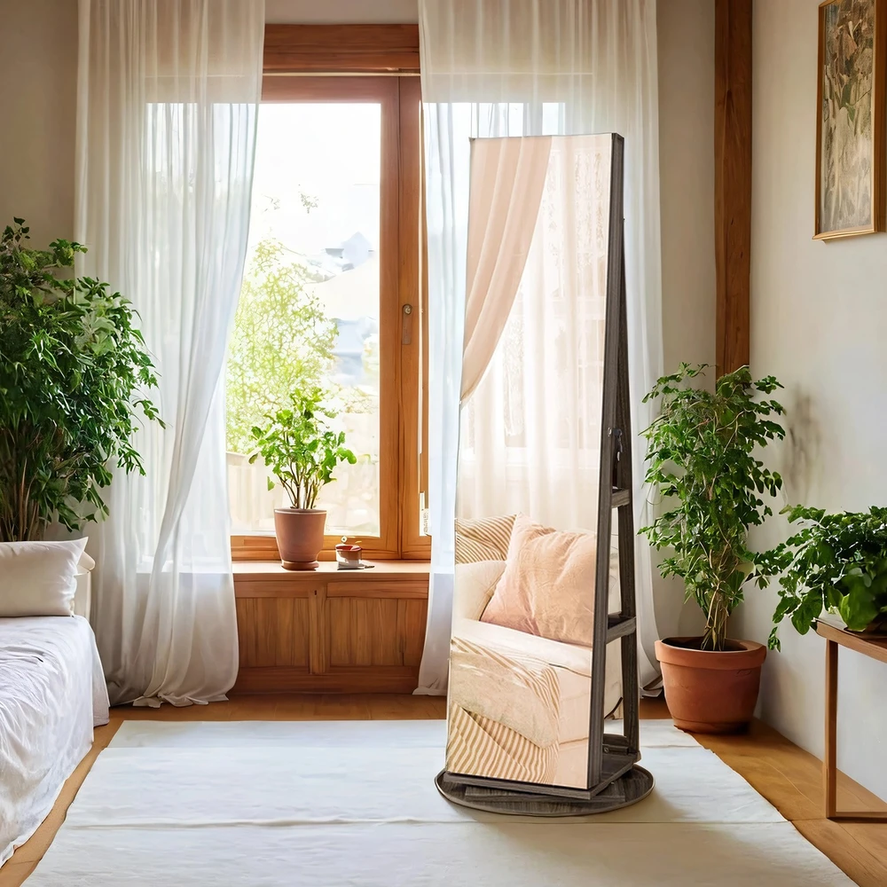 Koduva Papuošalų spintelė su berėmiu viso ūgio veidrodžiu, 360° pasukama, rakinama, ruda