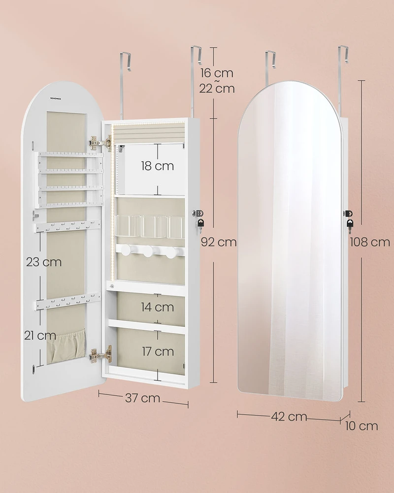 Koduva Papuošalų spintelė su LED apšvietimu ir vidiniu veidrodžiu, balta, 10 x 42 x 108 cm