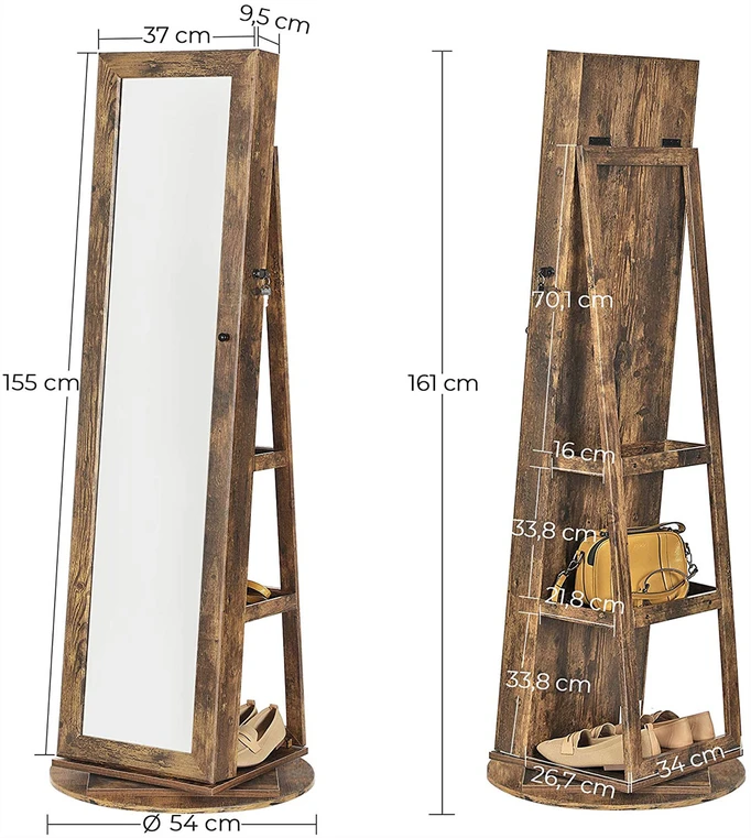 Koduva Papuošalų spintelė su veidrodžiu, pasukama 360°, vintažinės rudos spalvos, 54 x 54 x 161 cm