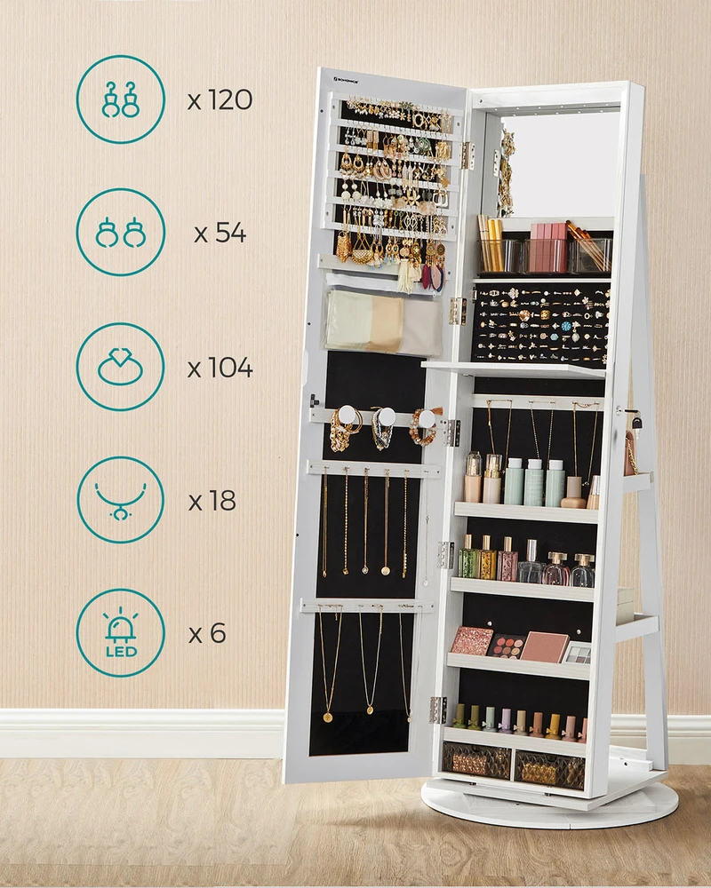 Songmics Papuošalų spintelė su veidrodžiu, 360° pasukama, rakinama, balta su medžio raštu, 162 cm