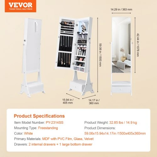 VEVOR Papuošalų spintelė su veidrodžiu PY-2314SS, pastatoma, balta, 41 x 36 x 157 cm
