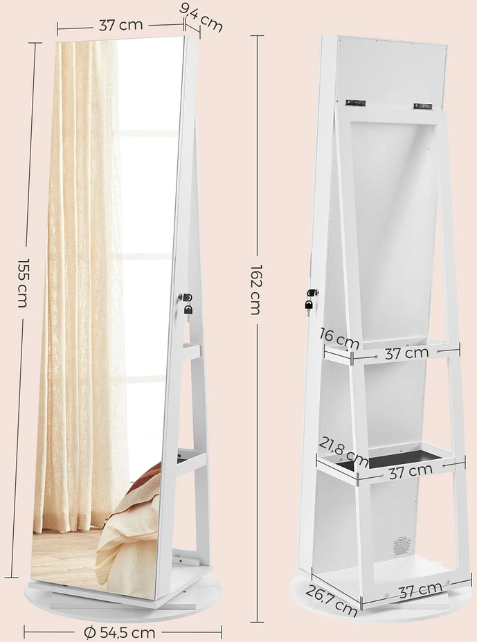 Songmics Papuošalų spintelė su veidrodžiu, 360° pasukama, rakinama, balta su medžio raštu, 162 cm