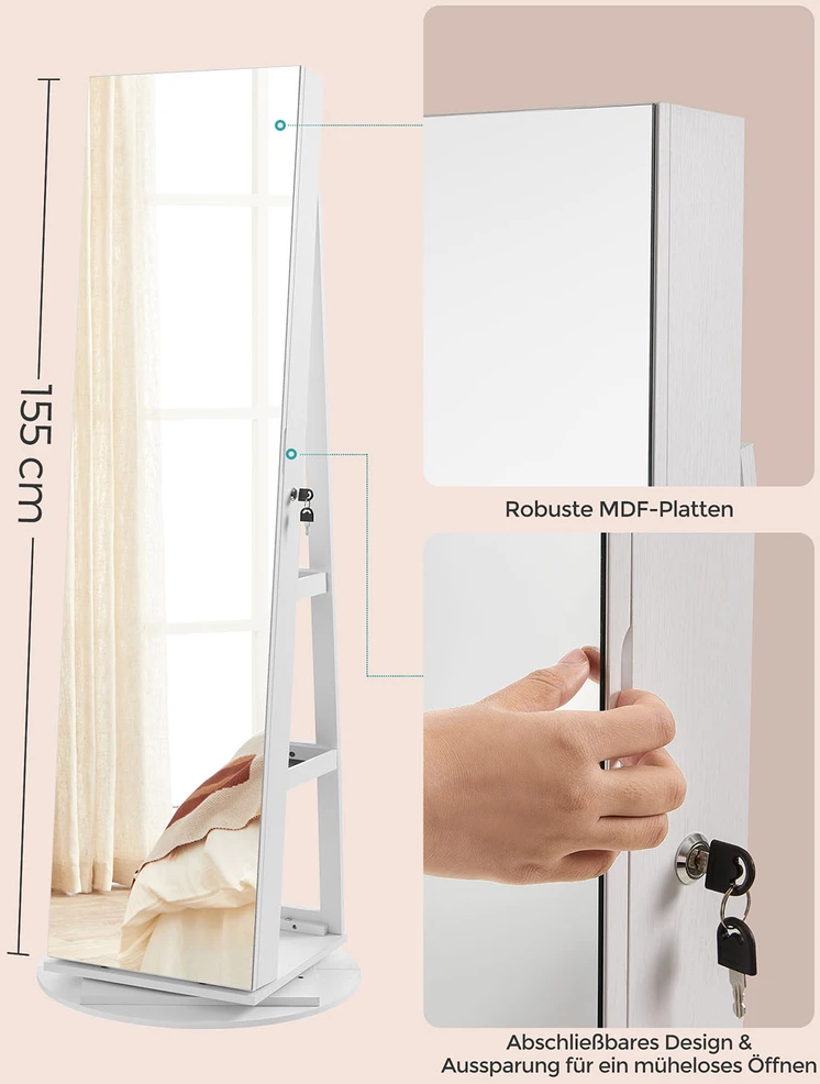 Songmics Papuošalų spintelė su veidrodžiu, 360° pasukama, rakinama, balta su medžio raštu, 162 cm