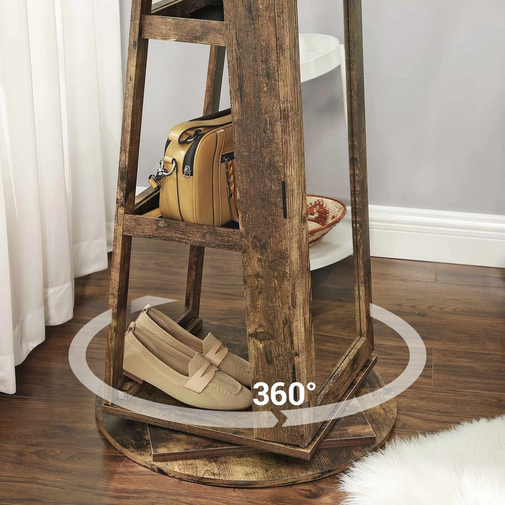 Koduva Papuošalų spintelė su veidrodžiu, pasukama 360°, vintažinės rudos spalvos, 54 x 54 x 161 cm