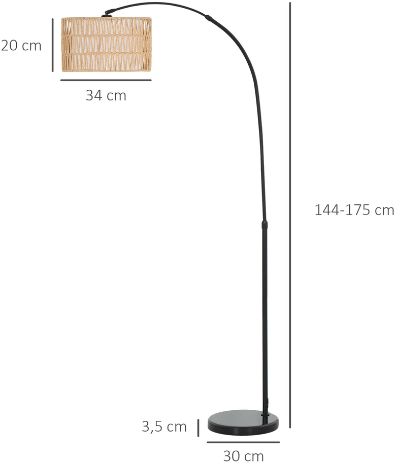 Aosom Pastatoma lempa su kanapių virvės gaubtu, reguliuojamo aukščio, juoda, 93 x 34 x 144-175 cm