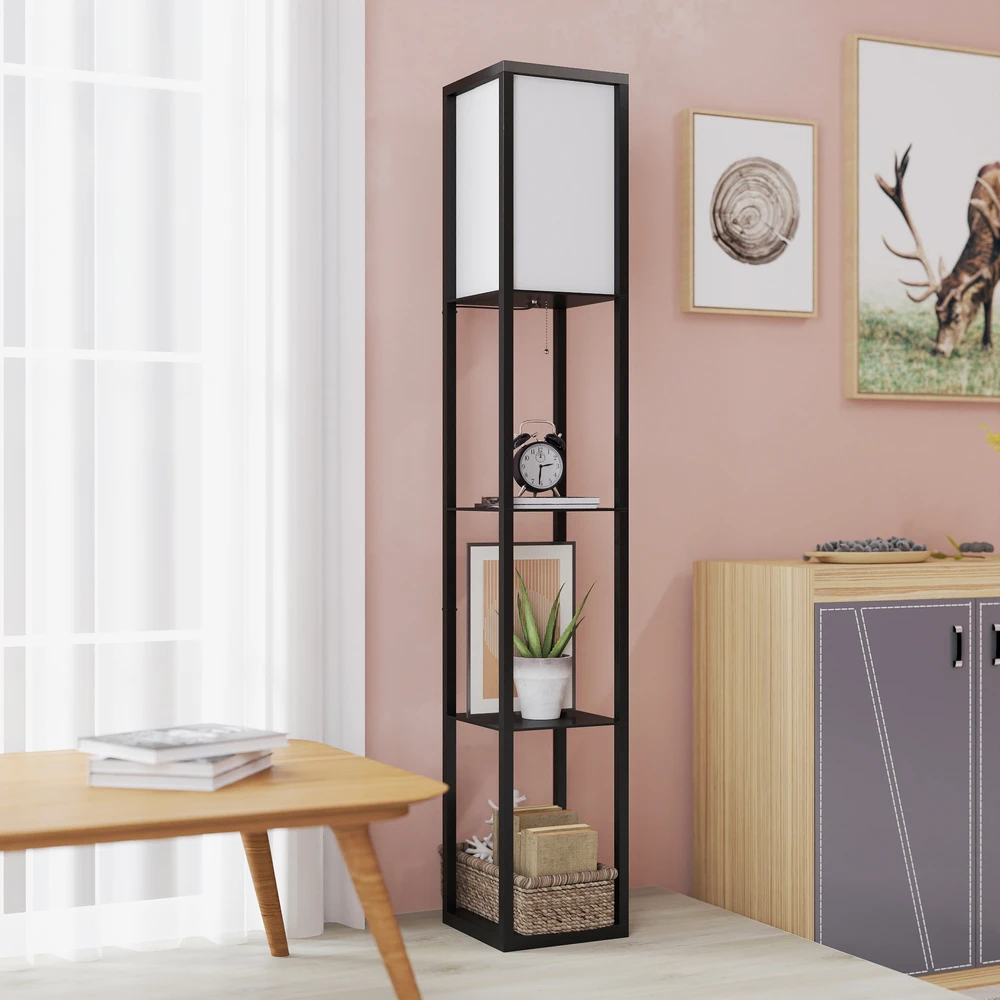 Aosom Pastatoma lempa su lentynomis, juoda ir balta, MDF, 26 x 26 x 160 cm