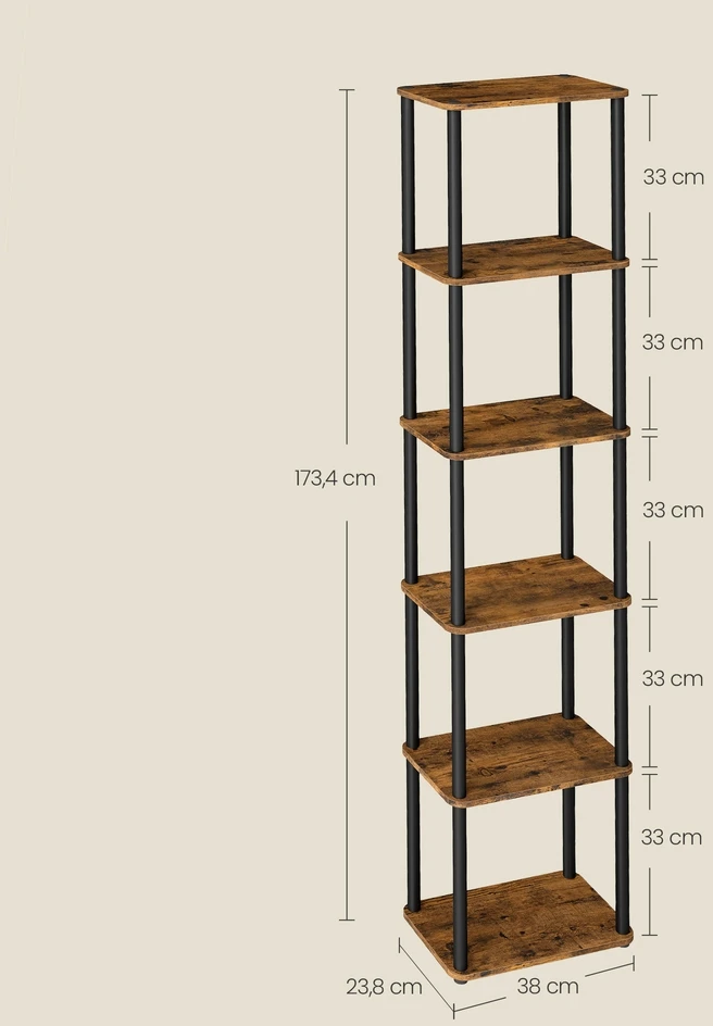Songmics Pastatoma lentyna, 6 lentynų, 23,8 x 38 x 173,4 cm, ruda-juoda, plienas ir medžio drožlių plokštė