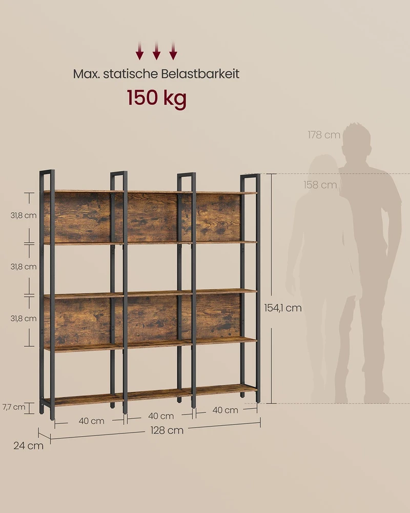 Songmics Pastatoma lentyna su 5 atviromis lentynomis, 24 x 128 x 154,1 cm, ruda/juoda