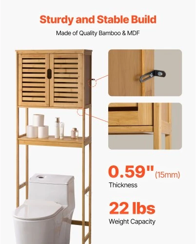 Koduva Pastatoma spintelė virš tualeto VEVOR, bambukas + MDF, natūrali, 65 x 27 x 175 cm