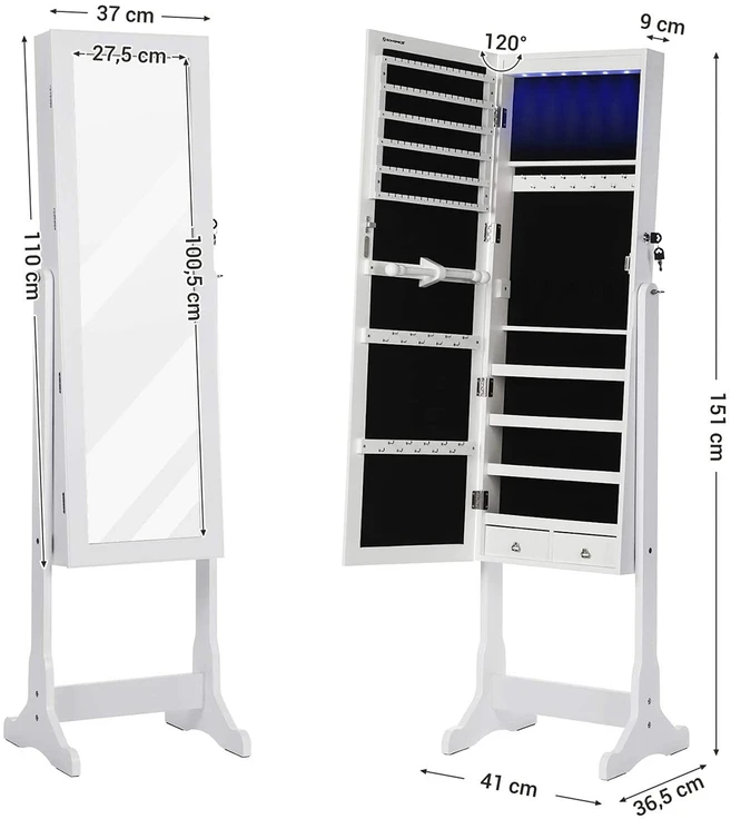 Songmics Pastatoma veidrodinė papuošalų spintelė su LED, balta, MDF, 41 x 151 x 36,5 cm