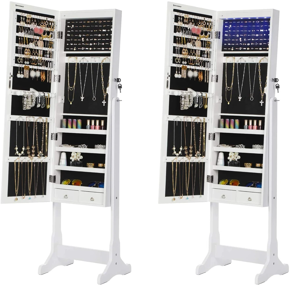 Songmics Pastatoma veidrodinė papuošalų spintelė su LED, balta, MDF, 41 x 151 x 36,5 cm