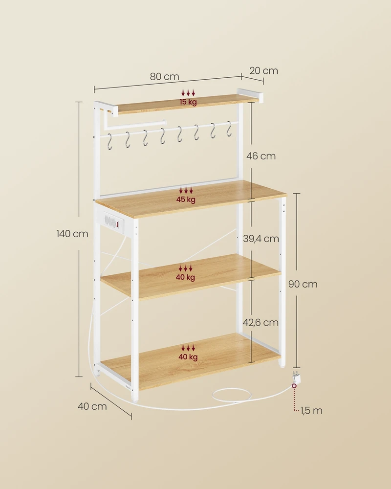 Koduva Pastatoma virtuvės lentyna su 4 lentynomis ir 8 kabliukais, 40 x 80 x 140 cm, aukso ąžuolo, balta