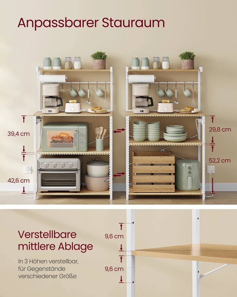 Koduva Pastatoma virtuvės lentyna su 4 lentynomis ir 8 kabliukais, 40 x 80 x 140 cm, aukso ąžuolo, balta