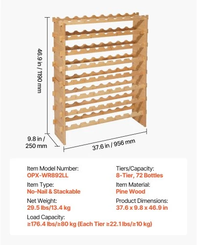 Koduva Pastatoma vyno lentyna VEVOR, 8 aukštų, 72 buteliams, natūrali, 96 x 25 x 119 cm