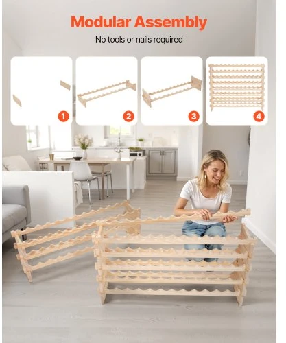 Koduva Pastatoma vyno lentyna VEVOR, 8 aukštų, 96 buteliams, pušies mediena, natūrali, 113 x 29 x 96 cm