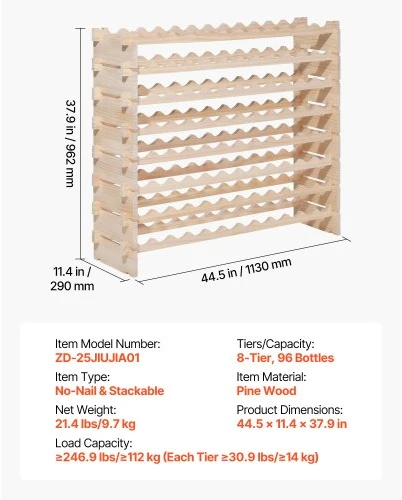 Koduva Pastatoma vyno lentyna VEVOR, 8 aukštų, 96 buteliams, pušies mediena, natūrali, 113 x 29 x 96 cm