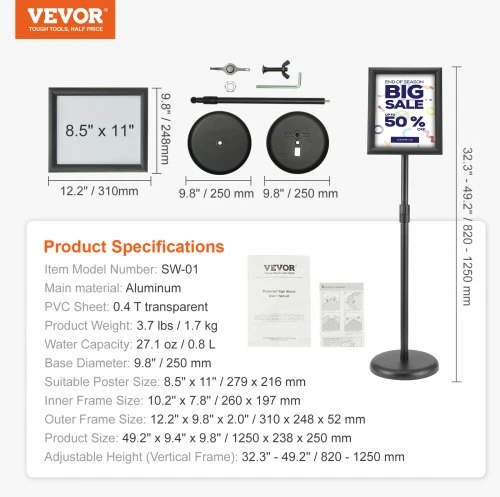 VEVOR Pastatomas informacinio ženklo laikiklis SW-01, juodas, reguliuojamas, iki 28 x 22 cm plakatas