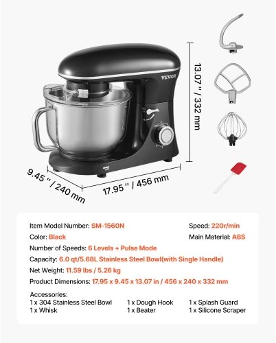 VEVOR Pastatomas maišytuvas SM-1560N, 1400 W, 5,68 l, juodas