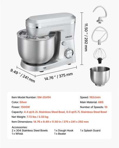 VEVOR Pastatomas maišytuvas SM-2541H, 1500 W, 2 dubenys 4,2 l ir 5,7 l, sidabrinis