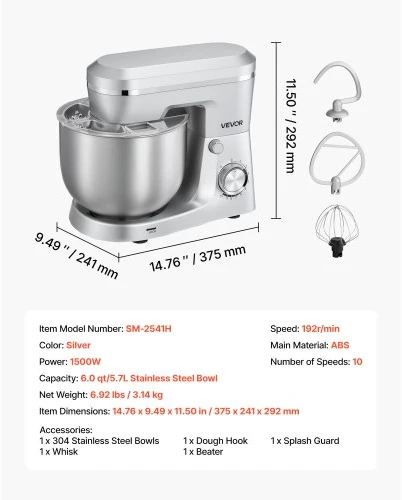 VEVOR Pastatomas maišytuvas SM-2541H, 5,7 l, 1500 W, sidabrinis