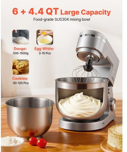 VEVOR Pastatomas maišytuvas SM-2541H, 1500 W, 2 dubenys 4,2 l ir 5,7 l, sidabrinis