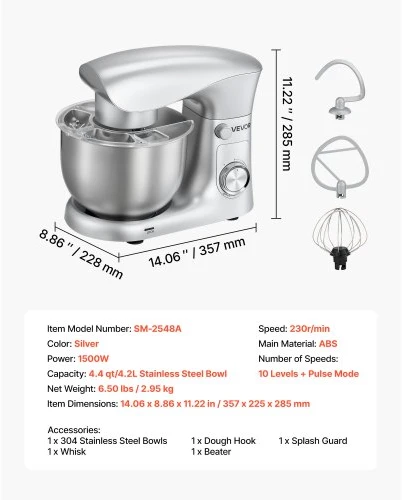 VEVOR Pastatomas maišytuvas SM-2548A, 4,2 l, 1500 W, sidabrinis