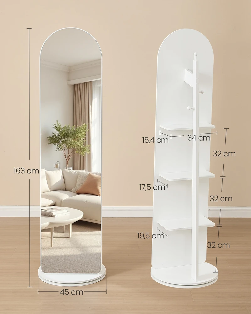 Koduva Pastatomas viso ūgio veidrodis, 45 x 163 cm, pasukamas 360°, su lentynomis ir kabliukais, baltas