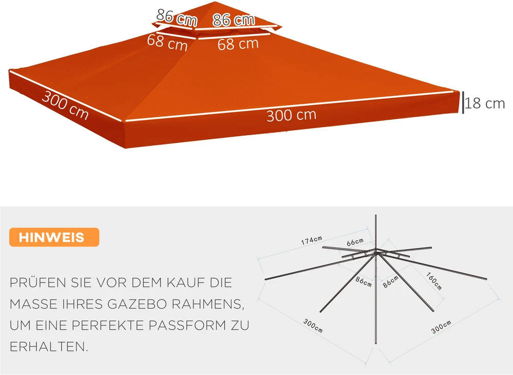 Aosom Pavėsinės pakaitinis stogas, 3 x 3 m, rūdžių raudona, poliesteris