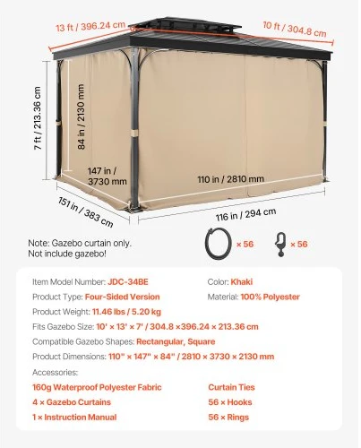 VEVOR Pavėsinės užuolaidos JDC-34BE, 4 dalių, 281 x 373 x 213 cm, chaki