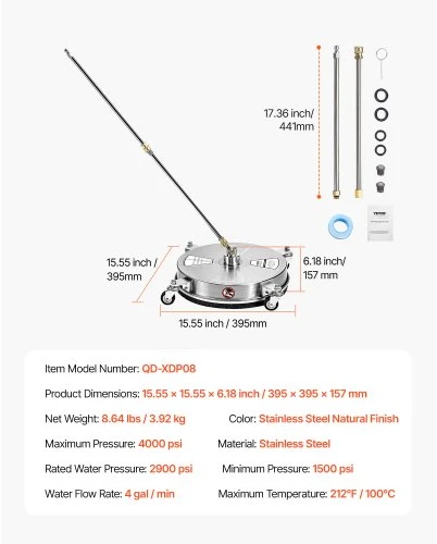 VEVOR Paviršių valytuvas aukšto slėgio plovimo įrenginiui QD-XDP08, nerūdijantis plienas, 40 cm