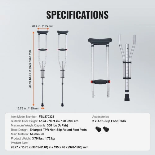 VEVOR Pažastiniai ramentai, aliuminiai, reguliuojamo aukščio 97-157 cm, 1 pora, iki 136 kg