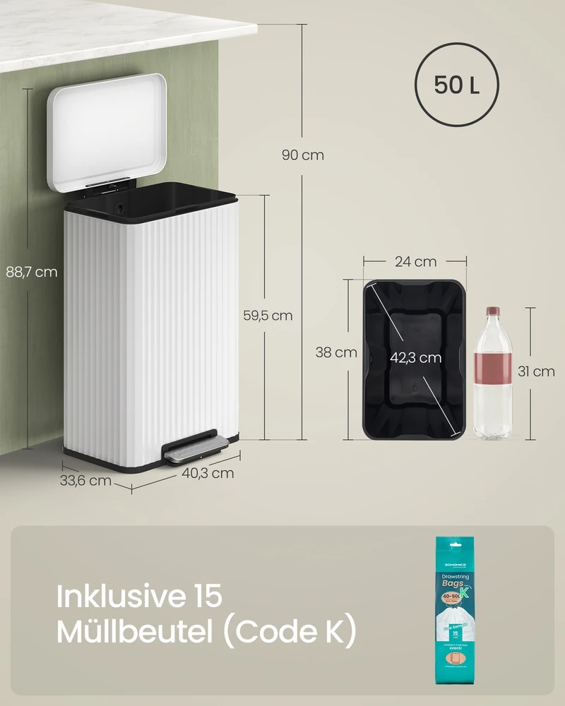 Koduva Pedalinis šiukšlių kibiras 50 l, plieno, su soft-close dangčiu, baltas, 40,3 x 33,6 x 62,5 cm