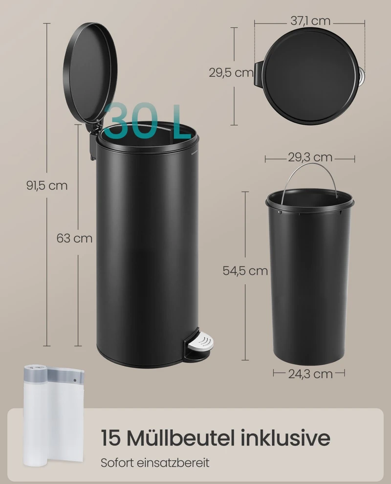 Koduva Pedalinis šiukšlių kibiras, apvalus, 30 l, plieno, išimamas vidinis kibiras, juodas