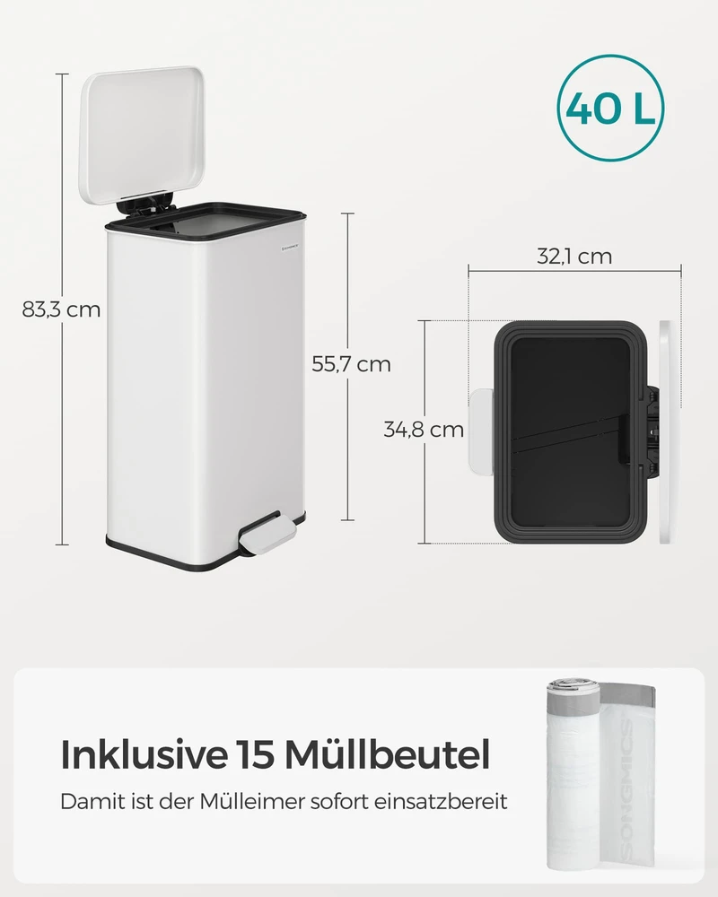 Koduva Pedalinis virtuvės šiukšliadėžė, 40 l, plieninė, balta, su dangčiu