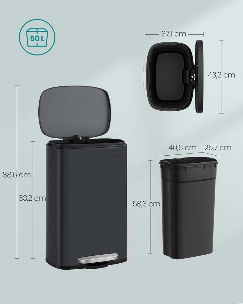 Koduva Pedalinis virtuvės šiukšlių kibiras, 50 l, plienas ir plastikas, juodas, 42,5 x 31,8 x 65,7 cm