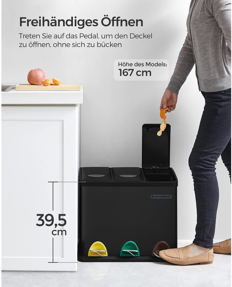 Koduva Perdirbimo šiukšliadėžė 24 l, 3 skyriai, plieninė, juoda, 46,5 x 29,5 x 40,5–65 cm